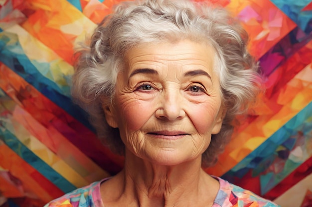 Портрет счастливой пожилой женщины на красочном фоне, смотрящей в камеру