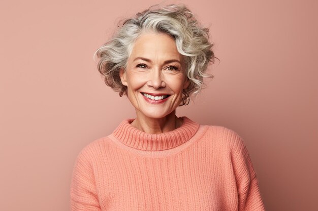 Photo portrait of a happy senior woman in a cozy sweater radiating serenity generative by ai