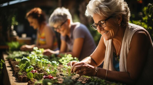 Portrait of happy senior woman holding seedlings in garden at home Generative AI