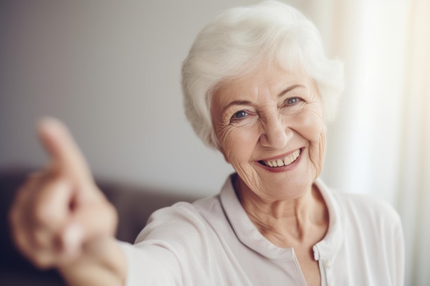 Portrait of happy senior woman looking at camera and smiling while standing indoors Generative AI