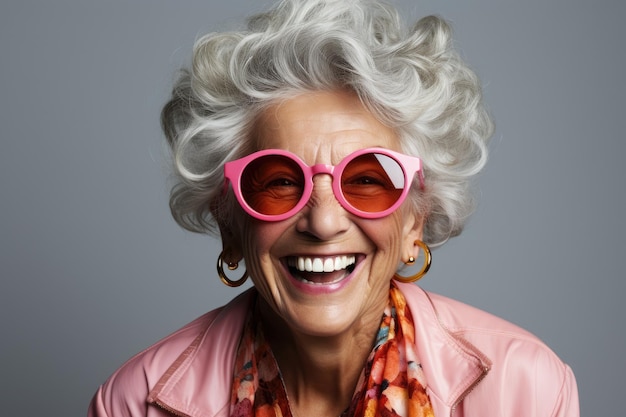 Portrait of happy senior woman in pink glasses Laughing old woman with hairstyle in stylish outfit