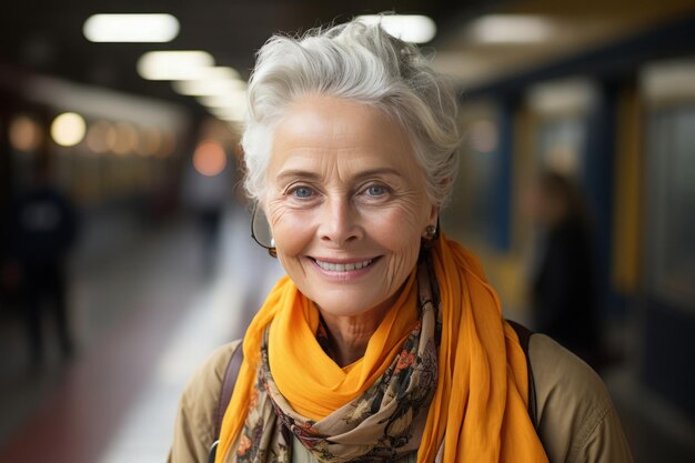 Portrait of happy senior woman at railway station