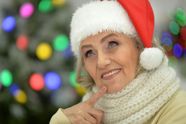 Portrait of happy senior woman in Santa hat