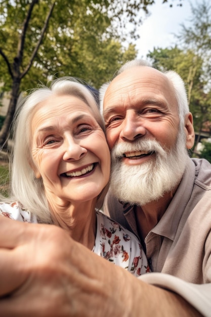 Portrait of a happy senior woman taking a selfie with her husband outdoors