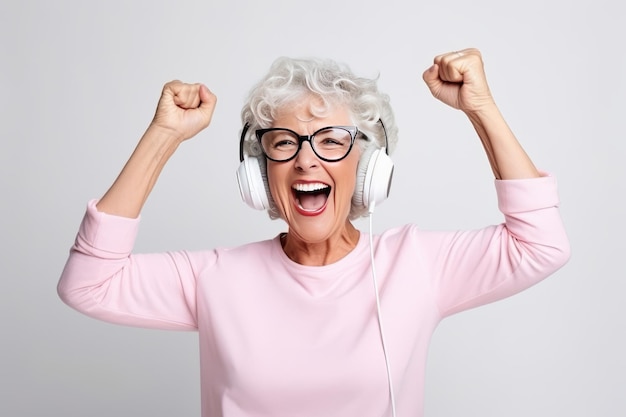 Portrait a happy senior woman in wireless headphones dancing in white background AI Generate