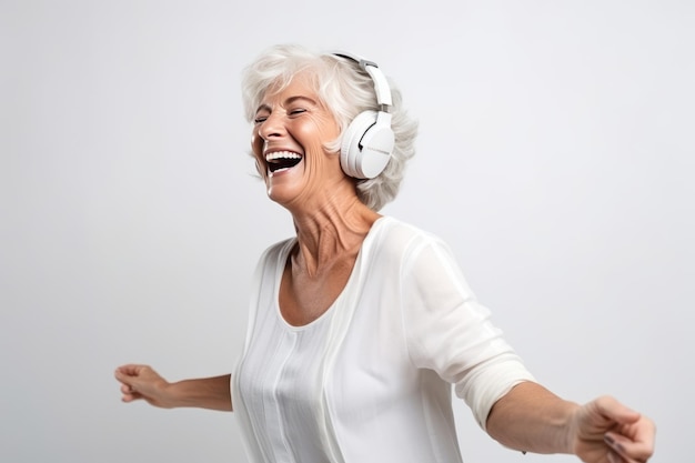 Portrait a happy senior woman in wireless headphones dancing in white background AI Generated