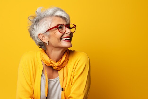 Portrait of a happy senior woman with glasses over on yellow background