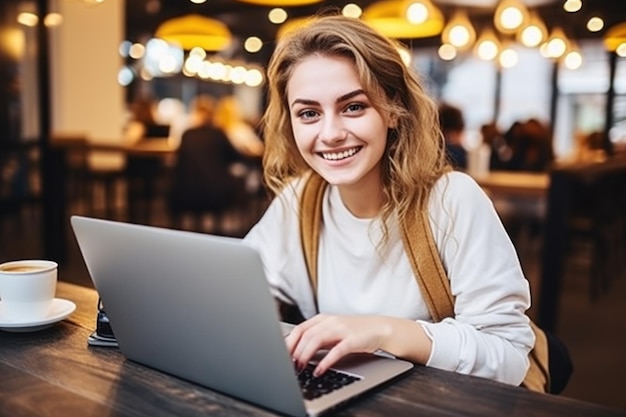 노트북 작업을 하는 행복한 미소 소녀의 초상화