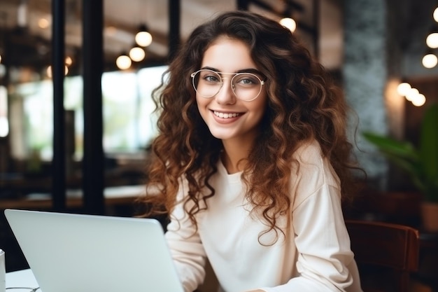 노트북 작업을 하는 행복한 미소 소녀의 초상화