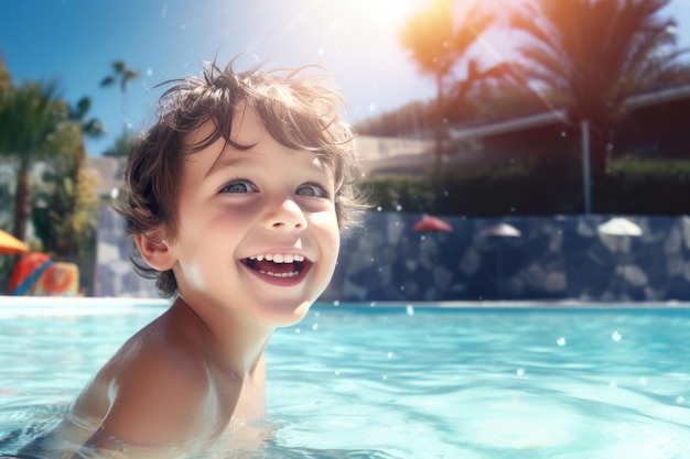 Portrait of happy smiling boy playing in a pool having fun on a summer sunny day Close up of smiling kid looking at camera