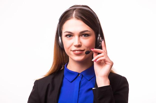 Portrait of happy smiling cheerful support phone operator in headset, isolated on white wall