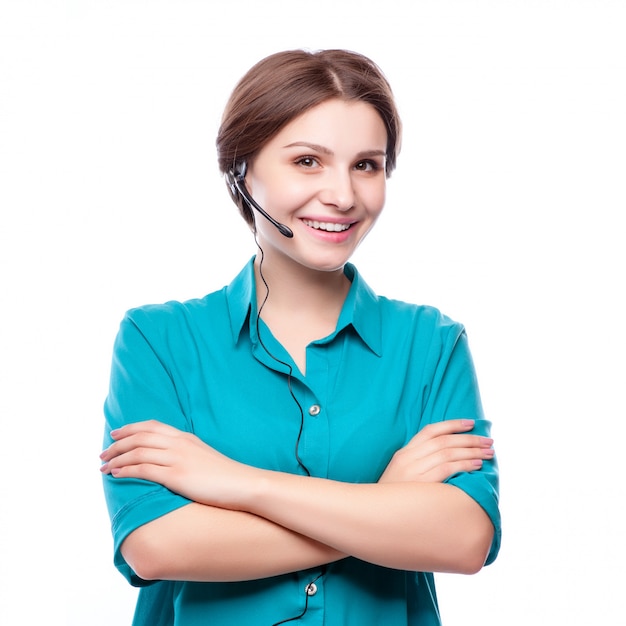 Portrait of happy smiling cheerful young support phone operator