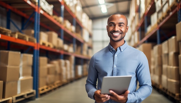 Portrait of happy smiling distribution warehouse manager holding paper checklist using it for checking inventory on shelf in storehouse Supervisor worker logistic engineer standing in storage room