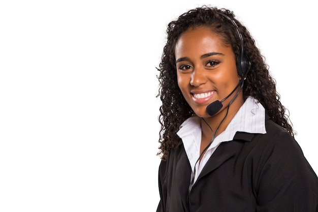 Photo portrait of happy smiling female customer support computer operator isolated