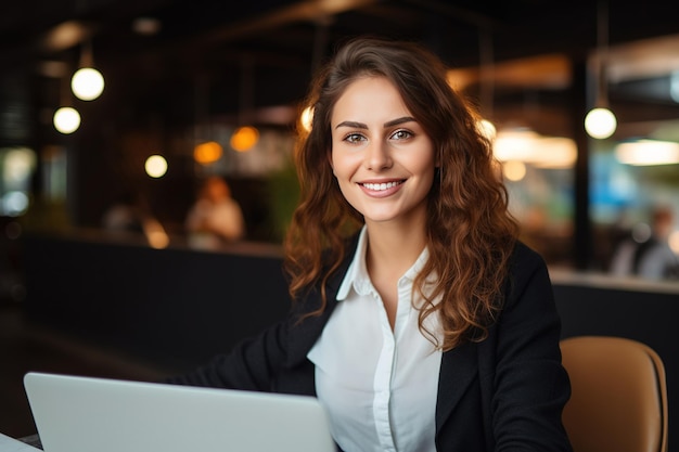 Portrait of a Happy Smiling Female Using Laptop Computer Looking at Camera and Smiling Empowered Information Technology Specialist Software Engineer or Developer Generative AI