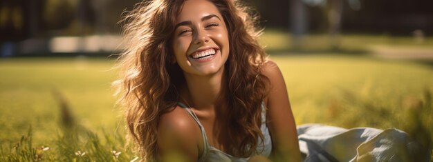 Portrait of a happy smiling girl on the background of a green grass