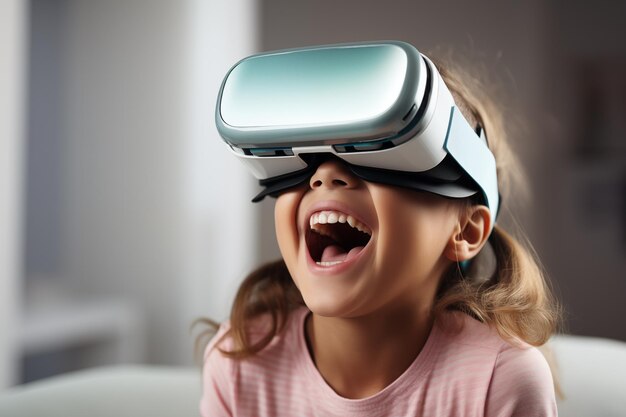 Portrait of happy smiling girl child person wearing virtual reality headset in room