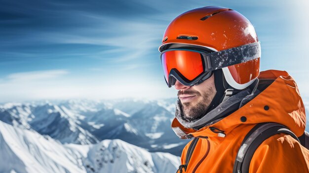 Portrait of a happy smiling male snowboarder against the backdrop of snowcapped mountains at a ski