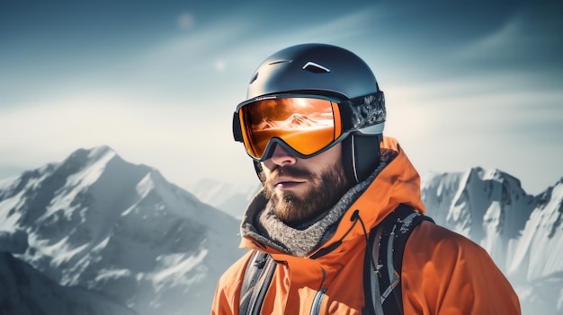 스키 에서 눈 인 산 들 을 배경 으로 해서 행복 한 미소 짓는 남자 스노우보더 의 초상화