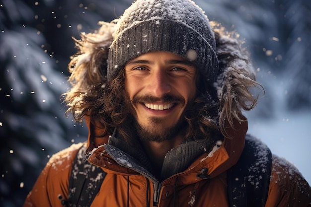 Портрет счастливого улыбающегося туриста-альпиниста мужского пола во время похода в горы зимой