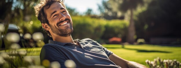 Photo portrait of a happy smiling man sitting on the green grass