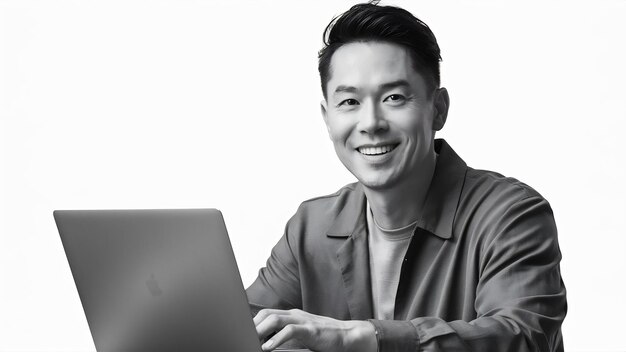 Portrait of a happy smiling man using laptop and looking at camera on white