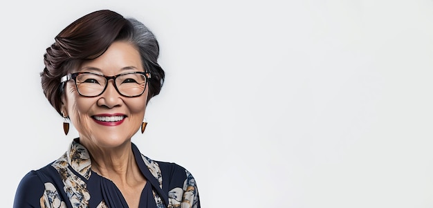 Portrait of happy smiling middel aged Chinese woman person isolated on a white background Generative AI