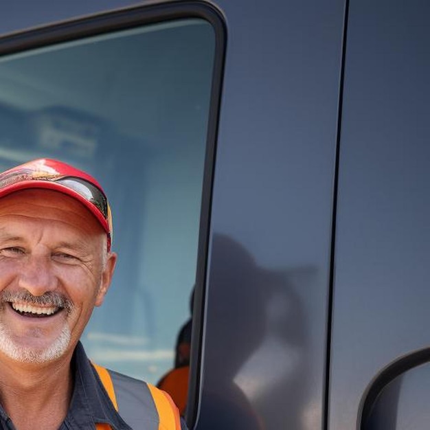 트럭  ⁇ 에 서서 엄지 손가락을 들고 있는 행복한 웃는 중년 트럭 운전자의 초상화