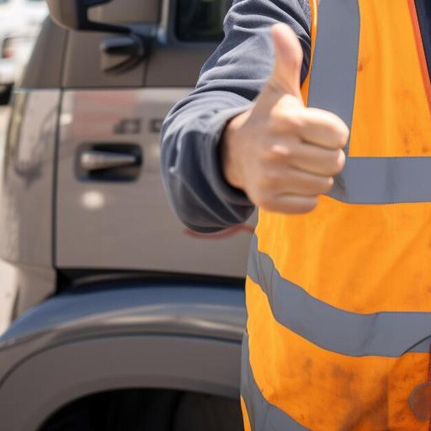 Photo portrait of happy smiling middle aged truck driver standing by his truck and holding thumbs up