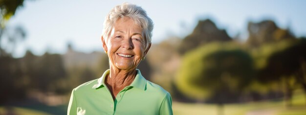 Портрет счастливой улыбающейся пожилой женщины на поле для гольфа
