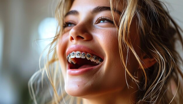 Photo portrait of a happy smiling teenage girl with dental braces portrait teeth with brace teenage girl