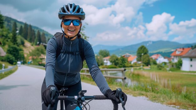 Portrait of a happy smiling woman dressed in cycling clothes helmet and sunglasses riding a bicycle