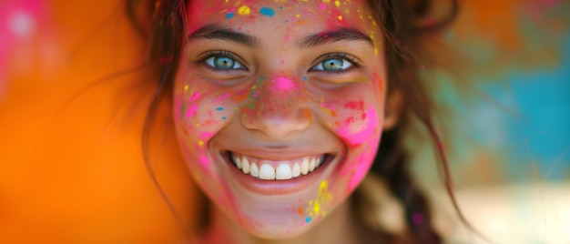 Portrait happy smiling young girl celebrating holi festival colorful face