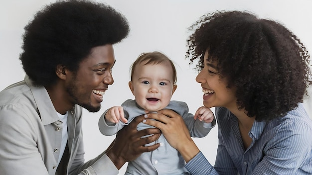 Portrait of happy smiling young parents playing with a baby isolated on white