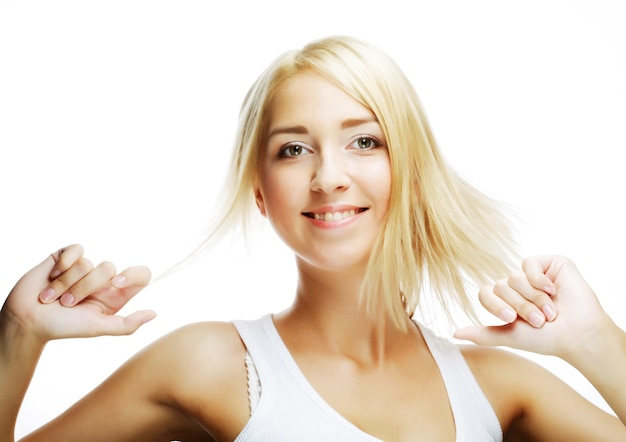 Photo portrait of happy smiling young woman with pretty face