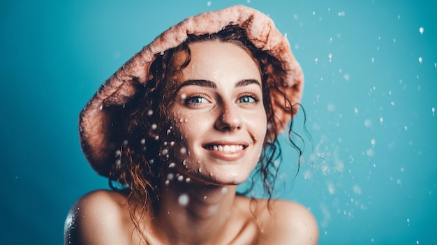 Foto ritratto di una giovane donna sorridente felice con un asciugamano in testa concetto di spa