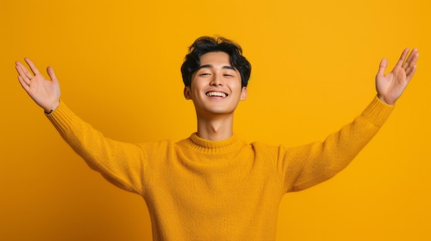 Photo portrait of a happy south korean man smiling at the camera on a yellow background