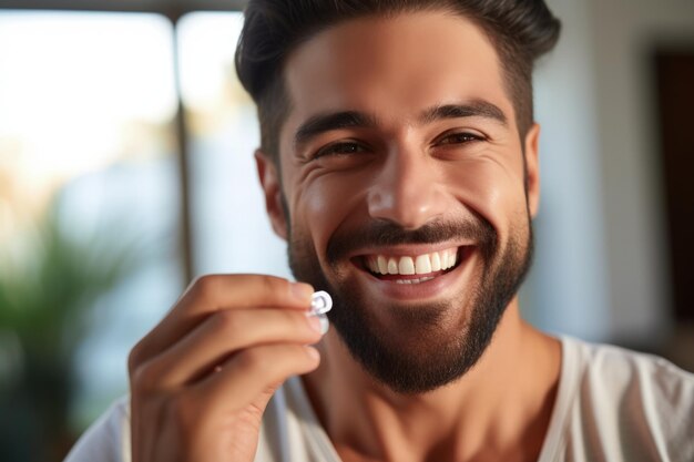 Portrait Of Happy Sportive Arab Man Taking Supplement Capsule Closeup Shot Of Young Middle