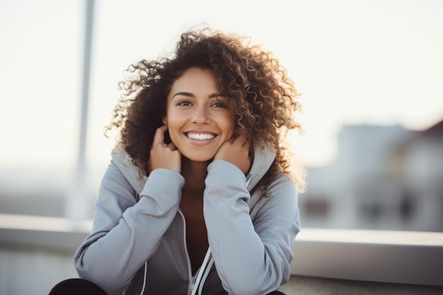 Portrait of a happy sports woman sitting outdoors