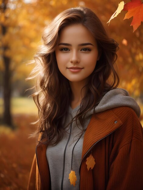 Portrait of a happy stunning girl with dynamic pose on autumn background