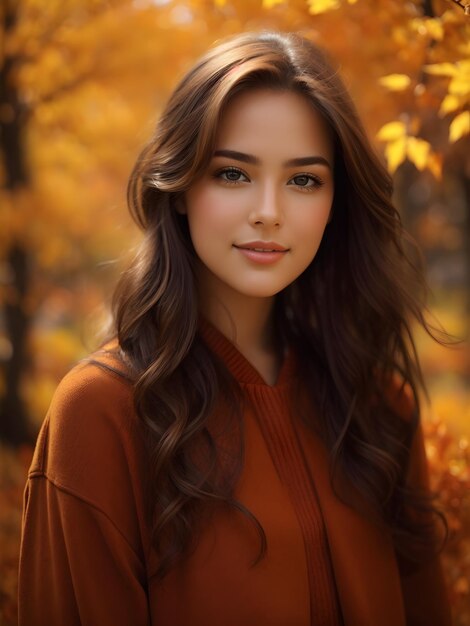 Portrait of a happy stunning girl with dynamic pose on autumn background