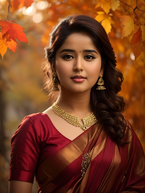 Portrait of a happy stunning girl with dynamic pose on autumn background