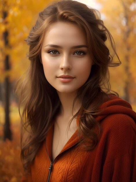 Portrait of a happy stunning girl with dynamic pose on autumn background