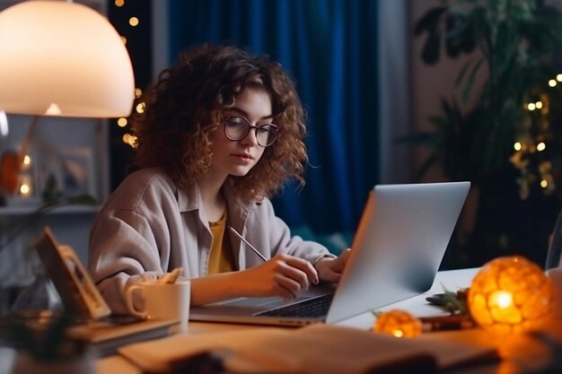 Portrait of a Happy Successful Businesswoman Using Laptop Computer in Creative Agency in the Evening Black Female Smiling while Browsing Internet Checking Funny Memes on Generative AI