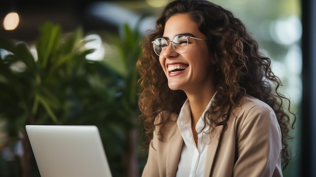 Portrait of happy and successful female programmer inside office at workplace worker smiling and looking at camera with laptop