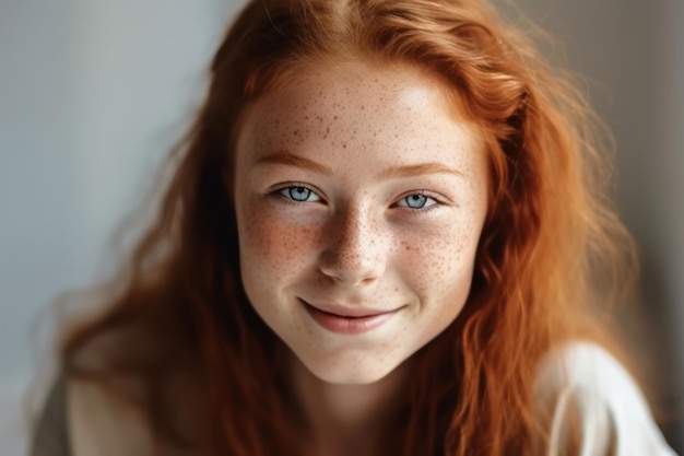 Photo portrait of happy tender ginger girl with blue eyes and freckles looking at camera smiling over whi