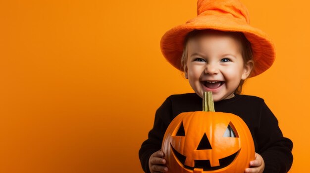 Portrait of a happy toddler wearing a pumpkin costume for halloween celebration