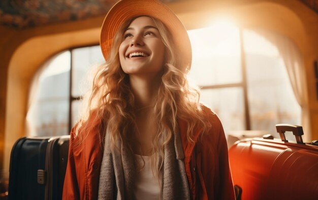 Photo portrait of a happy traveler woman ai