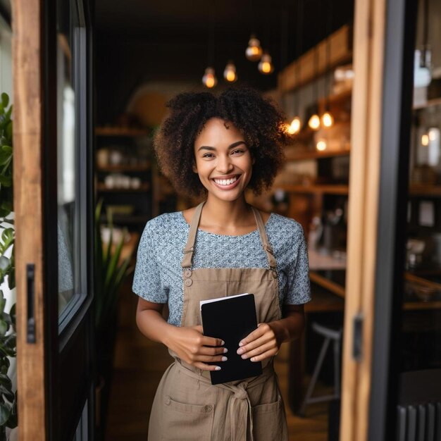 portrait of happy waitress standing at restaurant entrance portrait of young business woman attend