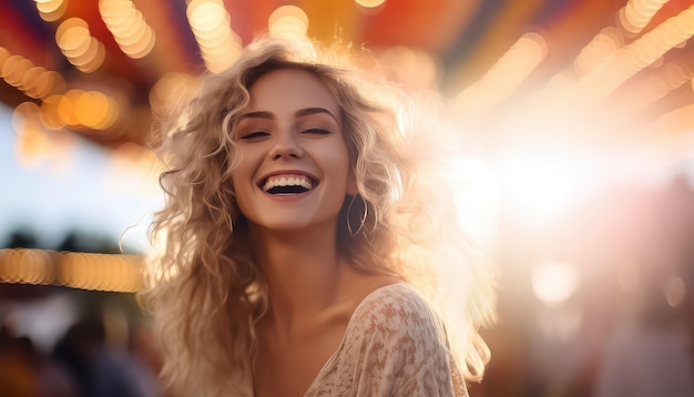 Portrait of happy woman in amusement park concept carnival